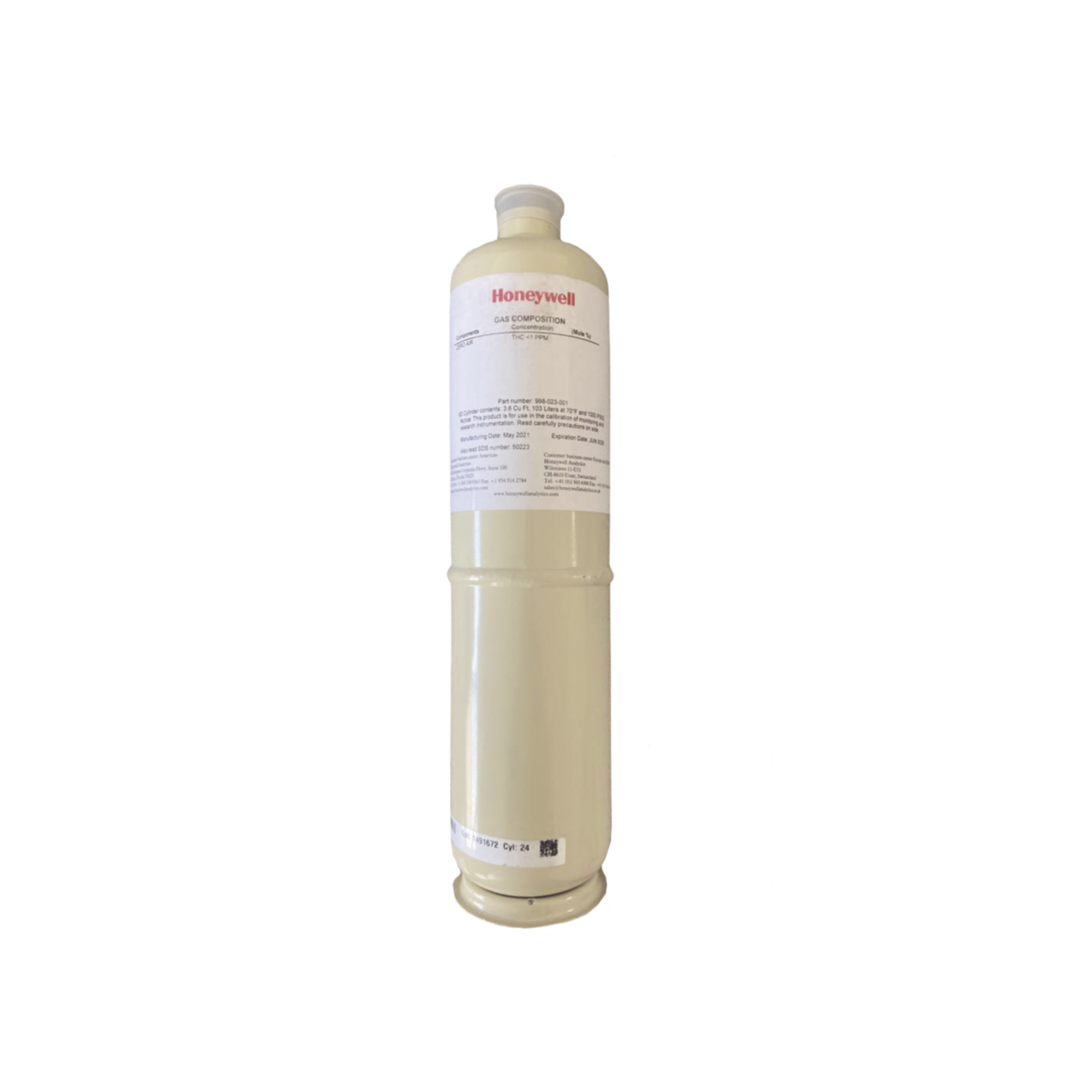 Cilindro Para Calibración De Aire Cero, Concentración 20.9% V/V, Capacidad 103 L, Dimensiones 5/8" x 18" Para Serie XNX/XCD/S3K Gases Tóxicos